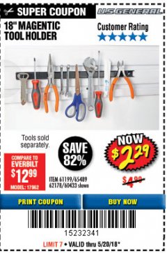 Harbor Freight Coupon 18" MAGNETIC TOOL HOLDER Lot No. 65489/60433/61199/62178 Expired: 5/20/18 - $2.29
