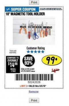 Harbor Freight Coupon 18" MAGNETIC TOOL HOLDER Lot No. 65489/60433/61199/62178 Expired: 8/5/18 - $0.99