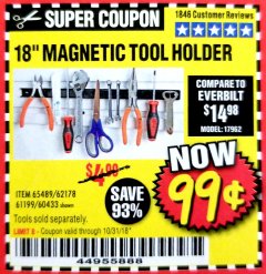 Harbor Freight Coupon 18" MAGNETIC TOOL HOLDER Lot No. 65489/60433/61199/62178 Expired: 10/31/18 - $0.99