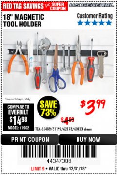 Harbor Freight Coupon 18" MAGNETIC TOOL HOLDER Lot No. 65489/60433/61199/62178 Expired: 12/31/18 - $3.99