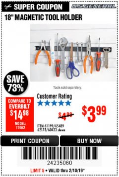Harbor Freight Coupon 18" MAGNETIC TOOL HOLDER Lot No. 65489/60433/61199/62178 Expired: 2/10/19 - $3.99