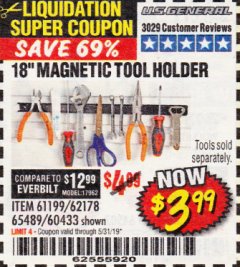 Harbor Freight Coupon 18" MAGNETIC TOOL HOLDER Lot No. 65489/60433/61199/62178 Expired: 5/31/19 - $3.99