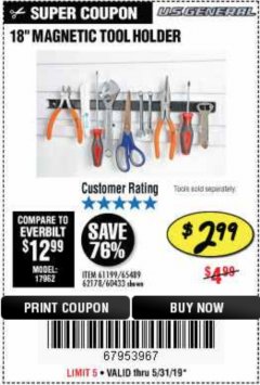 Harbor Freight Coupon 18" MAGNETIC TOOL HOLDER Lot No. 65489/60433/61199/62178 Expired: 5/31/19 - $2.99