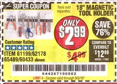 Harbor Freight Coupon 18" MAGNETIC TOOL HOLDER Lot No. 65489/60433/61199/62178 Expired: 9/5/19 - $2.99