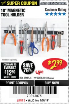 Harbor Freight Coupon 18" MAGNETIC TOOL HOLDER Lot No. 65489/60433/61199/62178 Expired: 6/30/19 - $2.99