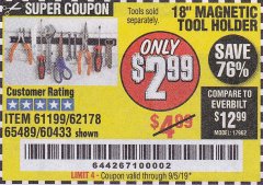 Harbor Freight Coupon 18" MAGNETIC TOOL HOLDER Lot No. 65489/60433/61199/62178 Expired: 9/5/19 - $2.99