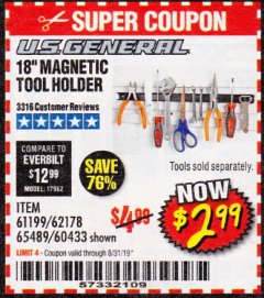 Harbor Freight Coupon 18" MAGNETIC TOOL HOLDER Lot No. 65489/60433/61199/62178 Expired: 8/31/19 - $2.99