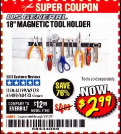 Harbor Freight Coupon 18" MAGNETIC TOOL HOLDER Lot No. 65489/60433/61199/62178 Expired: 3/31/20 - $2.99