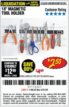Harbor Freight Coupon 18" MAGNETIC TOOL HOLDER Lot No. 65489/60433/61199/62178 Expired: 3/31/20 - $2.5