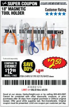 Harbor Freight Coupon 18" MAGNETIC TOOL HOLDER Lot No. 65489/60433/61199/62178 Expired: 6/30/20 - $2.5