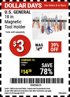 Harbor Freight Coupon 18" MAGNETIC TOOL HOLDER Lot No. 65489/60433/61199/62178 Valid: 1/21/22 2/6/22 - $3