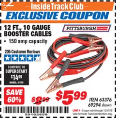 Harbor Freight ITC Coupon 12 FT., 10 GAUGE BOOSTER CABLES Lot No. 63376/69294 Expired: 10/31/19 - $5.99