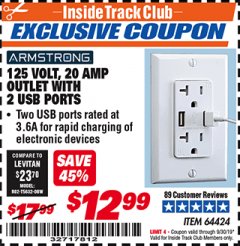Harbor Freight ITC Coupon 125 VOLT, 20 AMP OUTLET WITH USB PORTS Lot No. 64424 Expired: 9/30/19 - $12.99