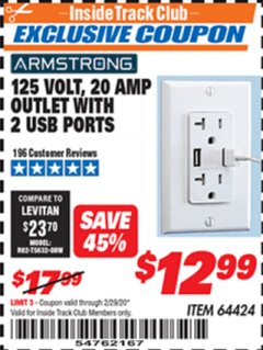 Harbor Freight ITC Coupon 125 VOLT, 20 AMP OUTLET WITH USB PORTS Lot No. 64424 Expired: 2/29/20 - $12.99