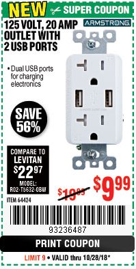 Harbor Freight Coupon 125 VOLT, 20 AMP OUTLET WITH USB PORTS Lot No. 64424 Expired: 10/28/18 - $9.99