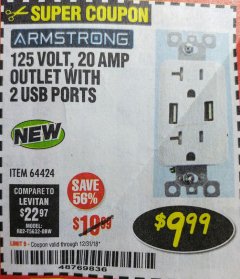 Harbor Freight Coupon 125 VOLT, 20 AMP OUTLET WITH USB PORTS Lot No. 64424 Expired: 12/31/18 - $9.99