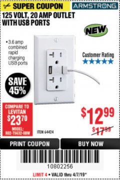 Harbor Freight Coupon 125 VOLT, 20 AMP OUTLET WITH USB PORTS Lot No. 64424 Expired: 4/7/19 - $12.99