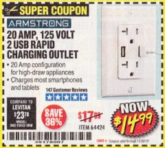 Harbor Freight Coupon 125 VOLT, 20 AMP OUTLET WITH USB PORTS Lot No. 64424 Expired: 11/30/19 - $14.99
