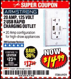 Harbor Freight Coupon 125 VOLT, 20 AMP OUTLET WITH USB PORTS Lot No. 64424 Expired: 3/31/20 - $14.99