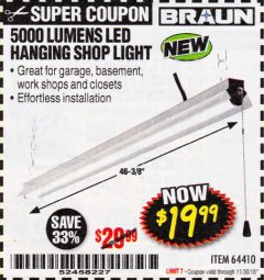 Harbor Freight Coupon BRAUN 5000 LUMENS LED HANGING SHOP LIGHT Lot No. 64410 Expired: 11/30/18 - $19.99