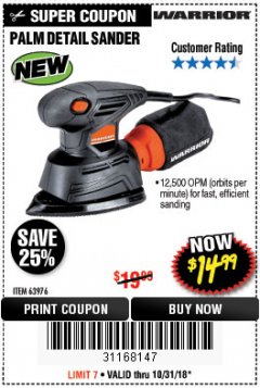 Harbor Freight Coupon WARRIOR PALM DETAIL SANDER Lot No. 63976 Expired: 10/31/18 - $14.99