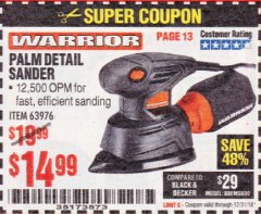 Harbor Freight Coupon WARRIOR PALM DETAIL SANDER Lot No. 63976 Expired: 12/31/18 - $14.99