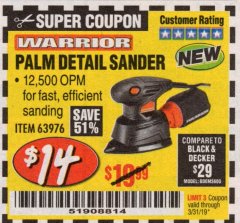 Harbor Freight Coupon WARRIOR PALM DETAIL SANDER Lot No. 63976 Expired: 3/31/19 - $14