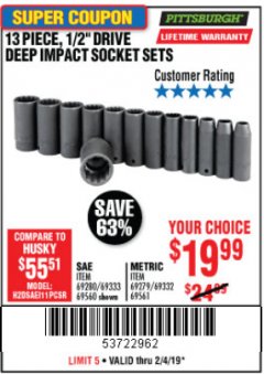 Harbor Freight Coupon 13 PIECE, 1/2" DRIVE DEEP IMPACT SOCKETS SETS Lot No. 67903/69280/69333/69560/67904/69279/69332/69561 Expired: 2/4/19 - $19.99