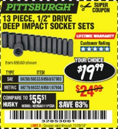 Harbor Freight Coupon 13 PIECE, 1/2" DRIVE DEEP IMPACT SOCKETS SETS Lot No. 67903/69280/69333/69560/67904/69279/69332/69561 Expired: 11/26/19 - $19.99