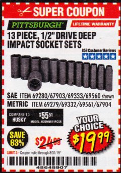 Harbor Freight Coupon 13 PIECE, 1/2" DRIVE DEEP IMPACT SOCKETS SETS Lot No. 67903/69280/69333/69560/67904/69279/69332/69561 Expired: 8/31/19 - $19.99