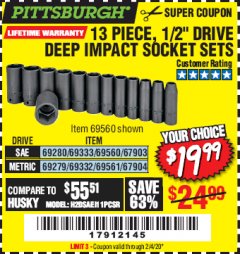 Harbor Freight Coupon 13 PIECE, 1/2" DRIVE DEEP IMPACT SOCKETS SETS Lot No. 67903/69280/69333/69560/67904/69279/69332/69561 Expired: 2/4/20 - $19.99