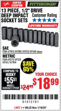 Harbor Freight Coupon 13 PIECE, 1/2" DRIVE DEEP IMPACT SOCKETS SETS Lot No. 67903/69280/69333/69560/67904/69279/69332/69561 Expired: 1/19/20 - $18.99