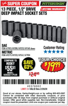 Harbor Freight Coupon 13 PIECE, 1/2" DRIVE DEEP IMPACT SOCKETS SETS Lot No. 67903/69280/69333/69560/67904/69279/69332/69561 Expired: 2/29/20 - $19.99