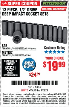 Harbor Freight Coupon 13 PIECE, 1/2" DRIVE DEEP IMPACT SOCKETS SETS Lot No. 67903/69280/69333/69560/67904/69279/69332/69561 Expired: 3/22/20 - $19.99