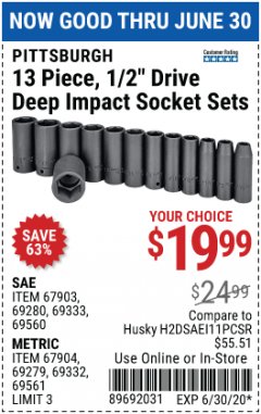 Harbor Freight Coupon 13 PIECE, 1/2" DRIVE DEEP IMPACT SOCKETS SETS Lot No. 67903/69280/69333/69560/67904/69279/69332/69561 Expired: 6/30/20 - $19.99