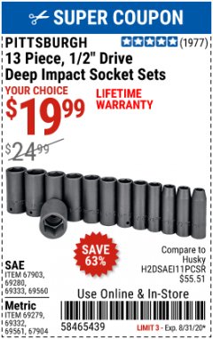 Harbor Freight Coupon 13 PIECE, 1/2" DRIVE DEEP IMPACT SOCKETS SETS Lot No. 67903/69280/69333/69560/67904/69279/69332/69561 Expired: 8/31/20 - $19.99