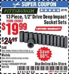 Harbor Freight Coupon 13 PIECE, 1/2" DRIVE DEEP IMPACT SOCKETS SETS Lot No. 67903/69280/69333/69560/67904/69279/69332/69561 Expired: 12/11/20 - $19.99