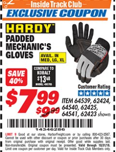 Harbor Freight ITC Coupon HARDY PADDED MECHANIC'S GLOVES Lot No. 64539/62424/64540/62425/64541/62423 Expired: 10/31/18 - $7.99