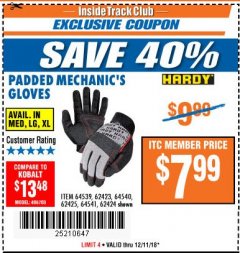 Harbor Freight ITC Coupon HARDY PADDED MECHANIC'S GLOVES Lot No. 64539/62424/64540/62425/64541/62423 Expired: 12/11/18 - $7.99