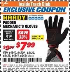 Harbor Freight ITC Coupon HARDY PADDED MECHANIC'S GLOVES Lot No. 64539/62424/64540/62425/64541/62423 Expired: 5/31/19 - $7.99
