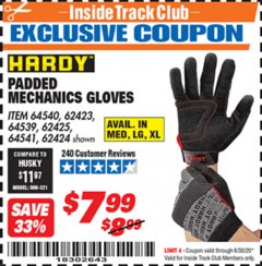 Harbor Freight ITC Coupon HARDY PADDED MECHANIC'S GLOVES Lot No. 64539/62424/64540/62425/64541/62423 Expired: 6/30/20 - $7.99