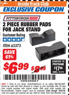Harbor Freight ITC Coupon PITTSBURGH 2 PIECE RUBBER PADS FOR JACK STAND Lot No. 63373 Expired: 10/31/18 - $6.99