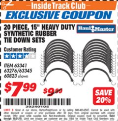 Harbor Freight ITC Coupon 20 PIECE, 15" HEAVY DUTY SYNTHETIC RUBBER TIE DOWN SETS Lot No. 63341 Expired: 10/31/18 - $7.99