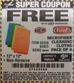 Harbor Freight FREE Coupon MICROFIBER CLEANING CLOTHS PACK OF 4 Lot No. 57162/63358/63925/63363 Expired: 6/1/18 - FWP