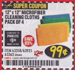 Harbor Freight Coupon MICROFIBER CLEANING CLOTHS PACK OF 4 Lot No. 57162/63358/63925/63363 Expired: 8/31/19 - $0.99