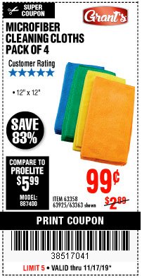 Harbor Freight Coupon MICROFIBER CLEANING CLOTHS PACK OF 4 Lot No. 57162/63358/63925/63363 Expired: 11/17/19 - $0.99