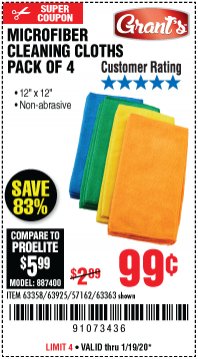 Harbor Freight Coupon MICROFIBER CLEANING CLOTHS PACK OF 4 Lot No. 57162/63358/63925/63363 Expired: 1/19/20 - $0.99