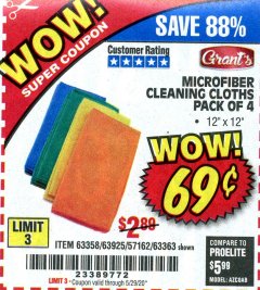 Harbor Freight Coupon MICROFIBER CLEANING CLOTHS PACK OF 4 Lot No. 57162/63358/63925/63363 Expired: 6/30/20 - $0.69