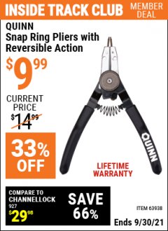 Harbor Freight ITC Coupon SNAP RING PLIERS WITH REVERSIBLE ACTION Lot No. 63938 Expired: 9/30/21 - $9.99