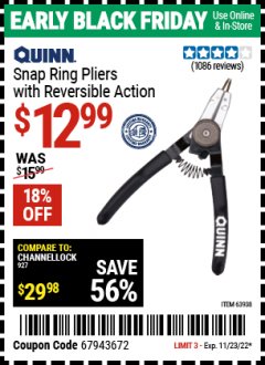Harbor Freight Coupon SNAP RING PLIERS WITH REVERSIBLE ACTION Lot No. 63938 Expired: 11/23/22 - $12.99